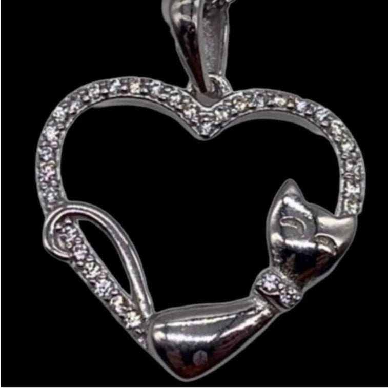 Sterling Silver Clear Cubic Zirconia Heart &amp; Cat Pendant Necklace