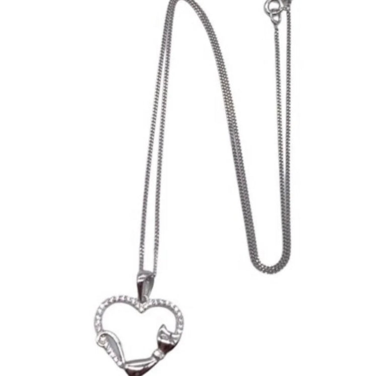 Sterling Silver Clear Cubic Zirconia Heart &amp; Cat Pendant Necklace