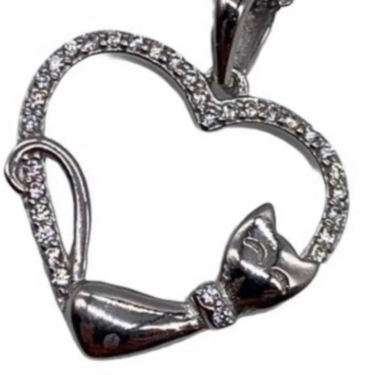 Sterling Silver Clear Cubic Zirconia Heart &amp; Cat Pendant Necklace