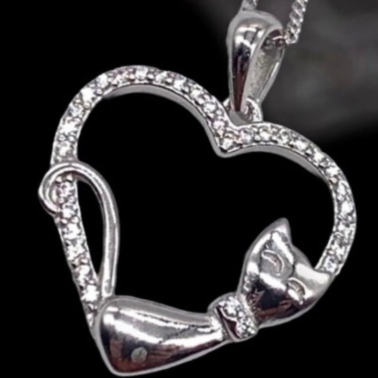 Sterling Silver Clear Cubic Zirconia Heart &amp; Cat Pendant Necklace