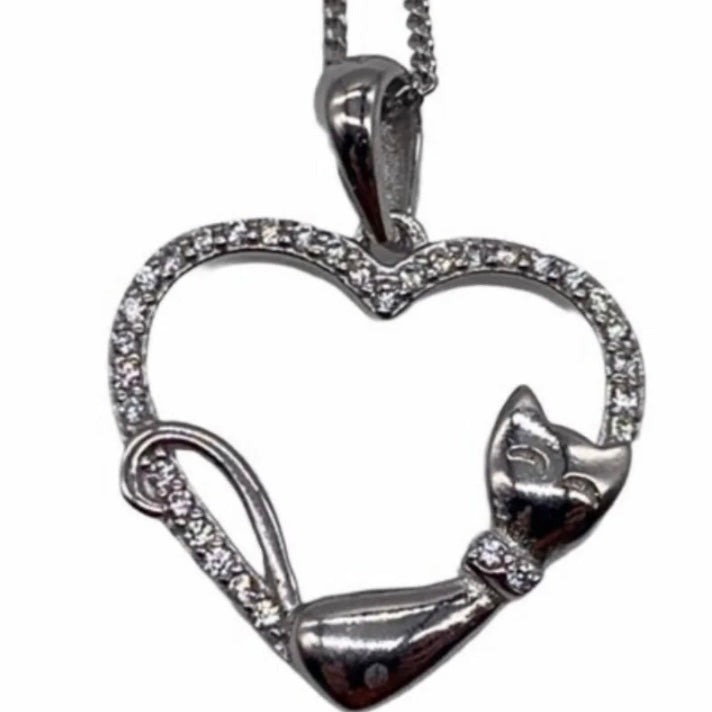 Sterling Silver Clear Cubic Zirconia Heart &amp; Cat Pendant Necklace