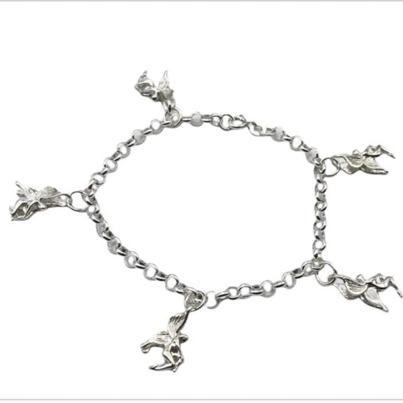 Pretty 925 Sterling Silver Charm Bracelet with 5 Traditional 925 Sterling Silver Fairy Charms