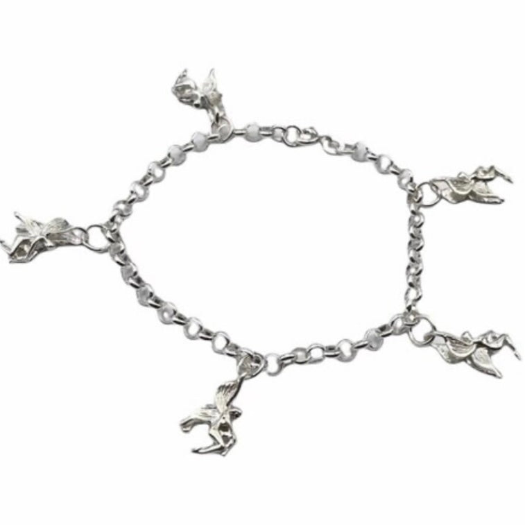 Pretty 925 Sterling Silver Charm Bracelet with 5 Traditional 925 Sterling Silver Fairy Charms