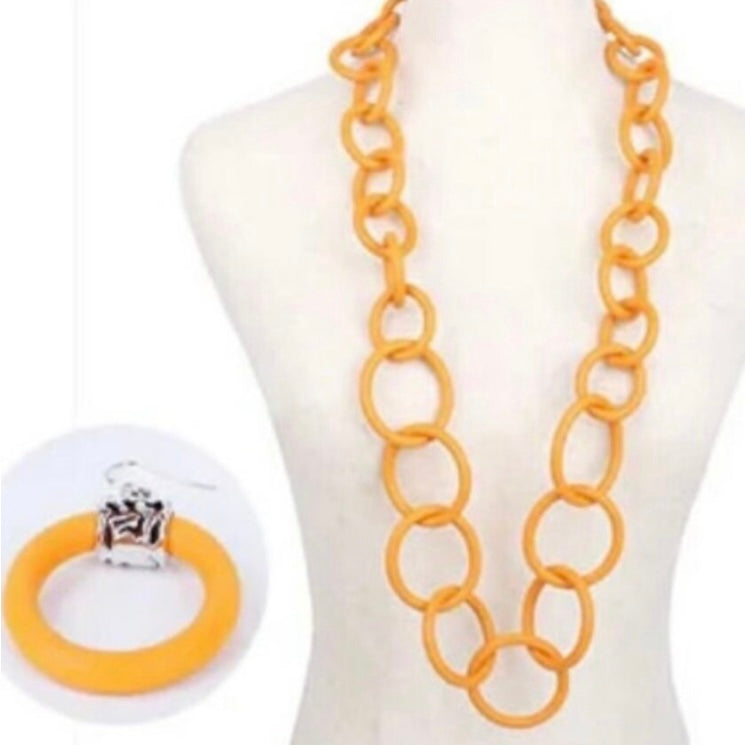 Orange Black or Grey Colour Big Rubber Circle Gothic Punk Long Necklace & Earring Set