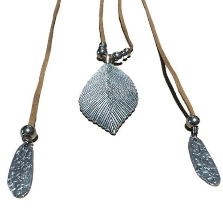 Bohemian Tan Leather Double Sided Leaf Charm Long Sweater Necklace