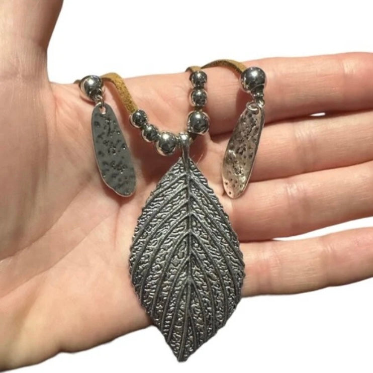 Bohemian Tan Leather Double Sided Leaf Charm Long Sweater Necklace