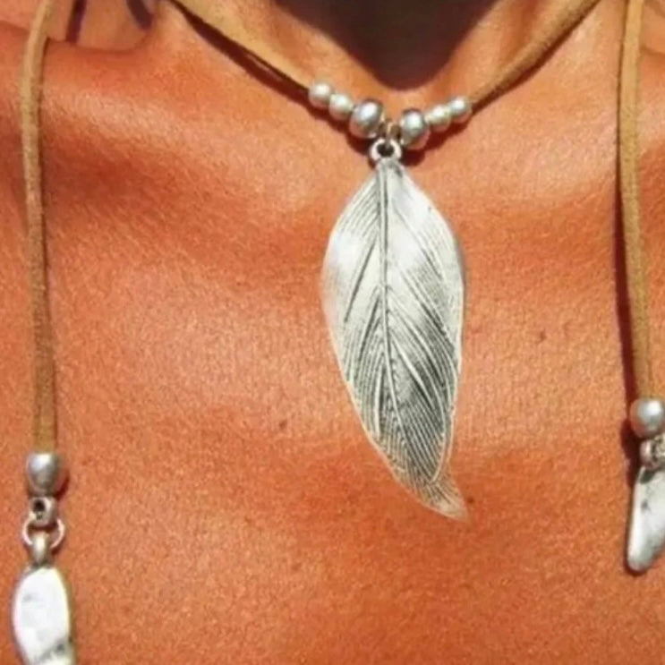 Bohemian Tan Leather Double Sided Leaf Charm Long Sweater Necklace