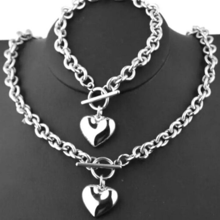 Silver Stainless Steel Solid Heart Charm Pendant Necklace  Bracelet Set