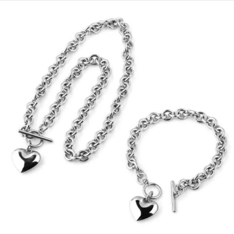 Silver Stainless Steel Solid Heart Charm Pendant Necklace  Bracelet Set