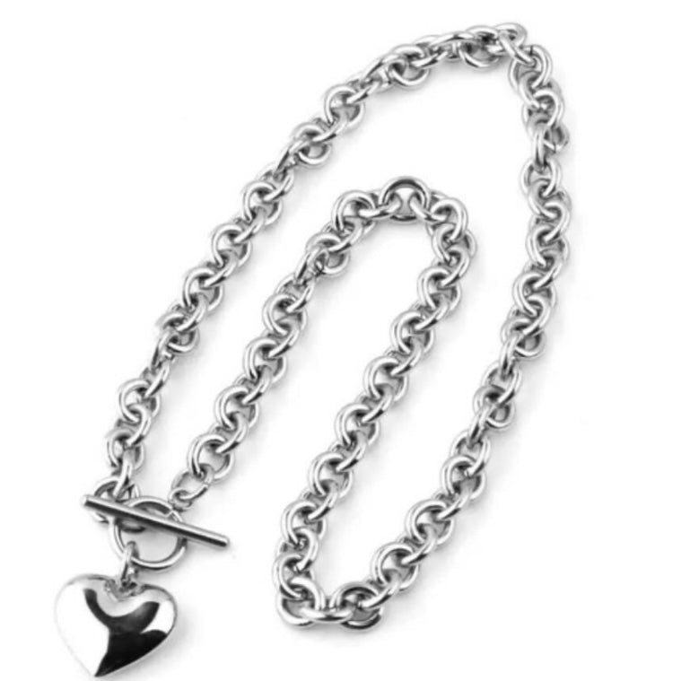 Silver Stainless Steel Solid Heart Charm Pendant Necklace  Bracelet Set