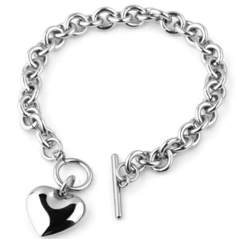 Silver Stainless Steel Solid Heart Charm Pendant Necklace  Bracelet Set