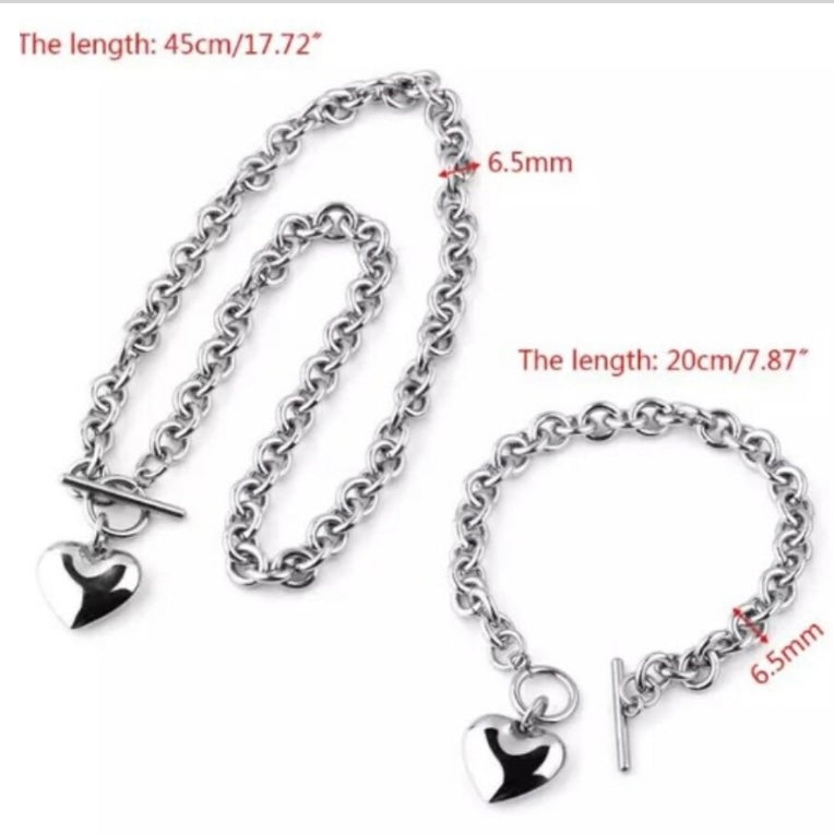 Silver Stainless Steel Solid Heart Charm Pendant Necklace  Bracelet Set