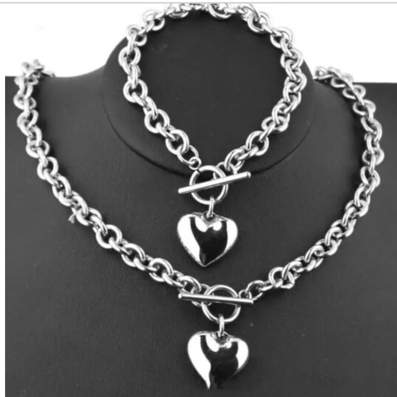 Silver Stainless Steel Solid Heart Charm Pendant Necklace  Bracelet Set