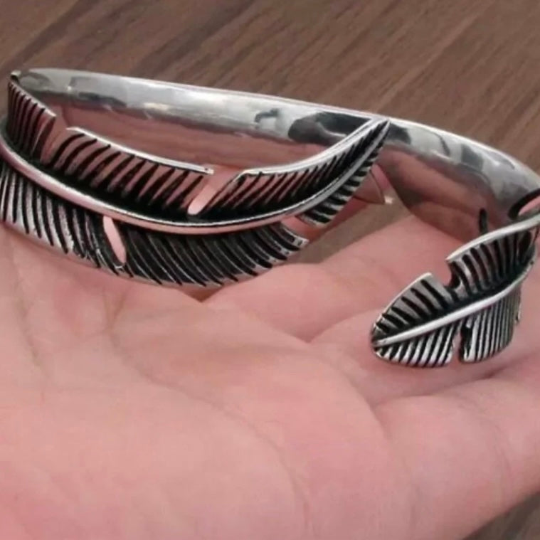 Vintage Stainless Steel Feather Shape Open Cuff Bangle Bracelet