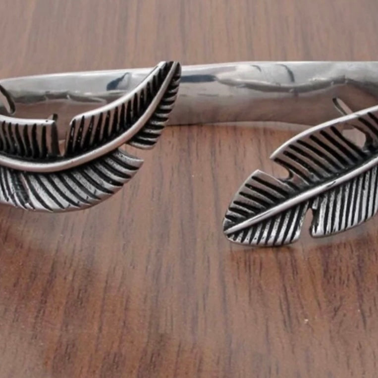 Vintage Stainless Steel Feather Shape Open Cuff Bangle Bracelet