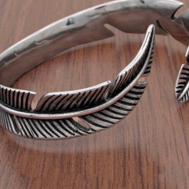 Vintage Stainless Steel Feather Shape Open Cuff Bangle Bracelet