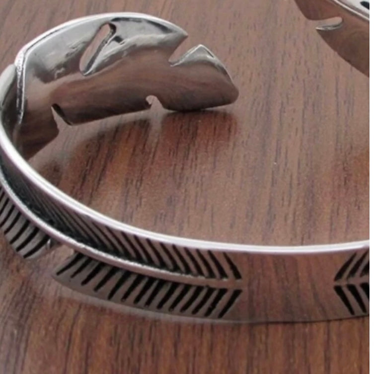 Vintage Stainless Steel Feather Shape Open Cuff Bangle Bracelet