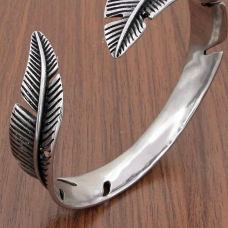 Vintage Stainless Steel Feather Shape Open Cuff Bangle Bracelet