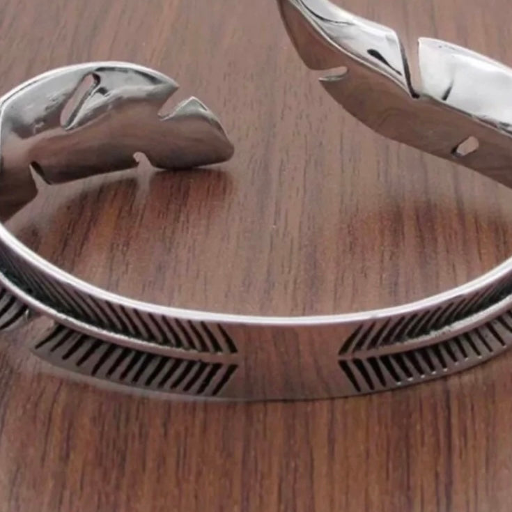 Vintage Stainless Steel Feather Shape Open Cuff Bangle Bracelet