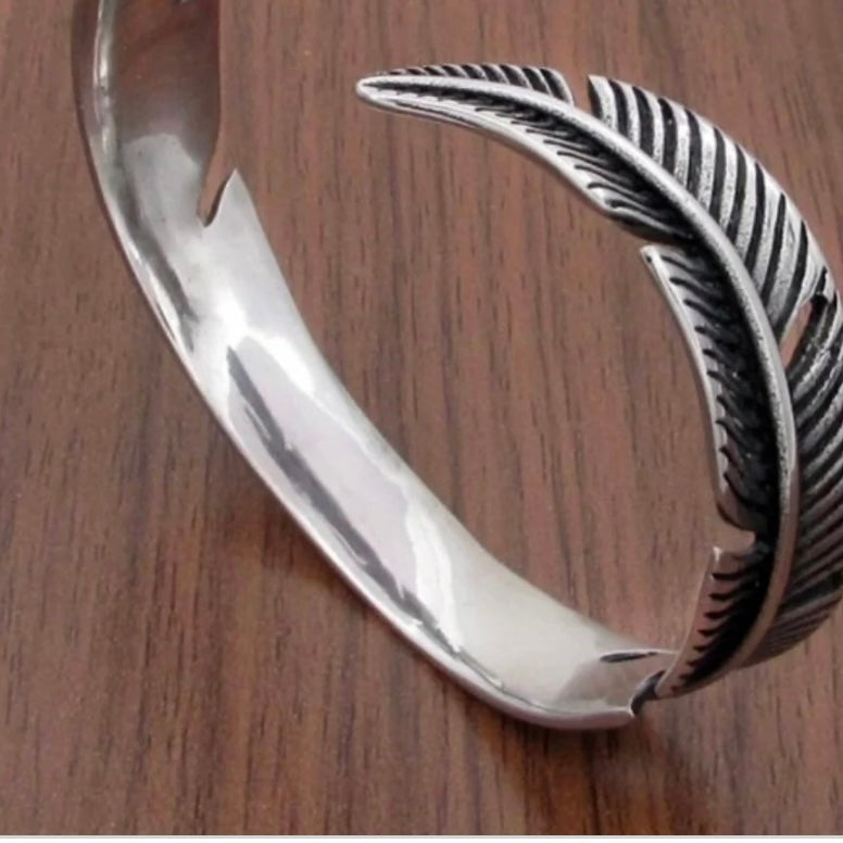 Vintage Stainless Steel Feather Shape Open Cuff Bangle Bracelet