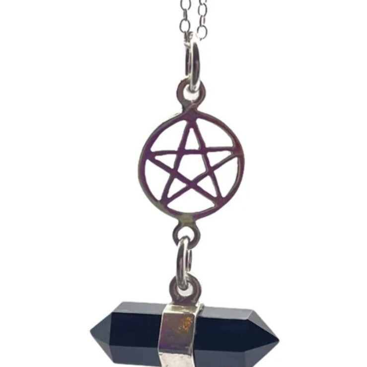 Beautiful 925 Sterling Silver Double Terminated Point Facetted Black Onyx and Pentacle Necklace presented on a 925 Sterling Silver Chain