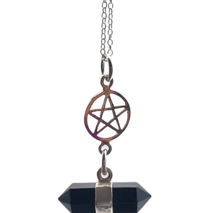 Beautiful 925 Sterling Silver Double Terminated Point Facetted Black Onyx and Pentacle Necklace presented on a 925 Sterling Silver Chain