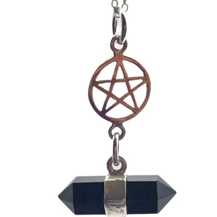 Beautiful 925 Sterling Silver Double Terminated Point Facetted Black Onyx and Pentacle Necklace presented on a 925 Sterling Silver Chain