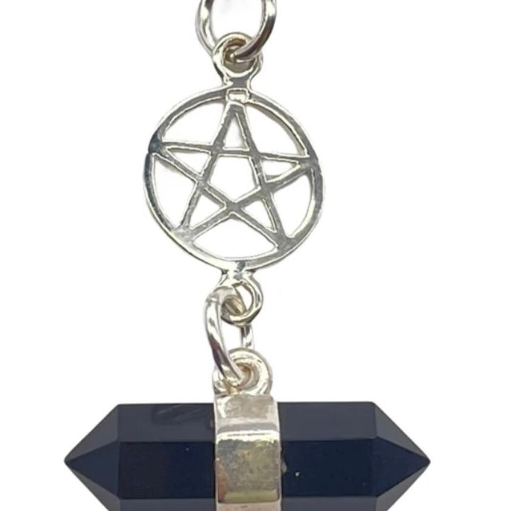 Beautiful 925 Sterling Silver Double Terminated Point Facetted Black Onyx and Pentacle Necklace presented on a 925 Sterling Silver Chain