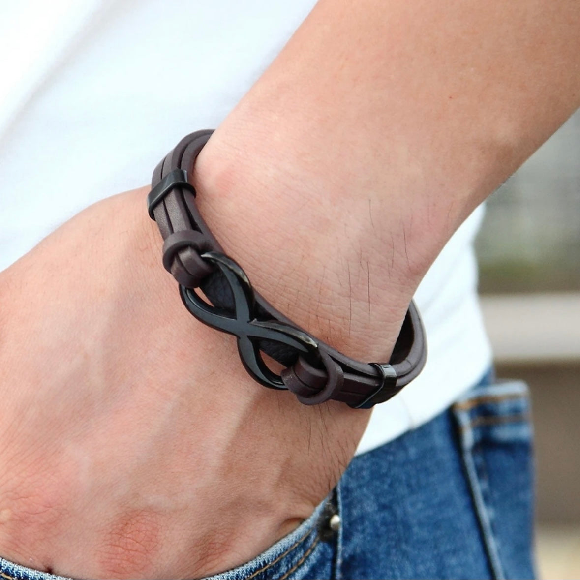 Infinity Logo Charm Stainless Steel Leather Bracelet Cuff