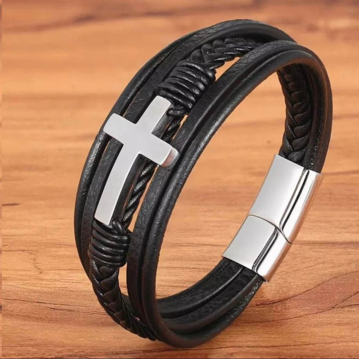 Black Leather with Cross Design Charm Bracelet Cuff Wristband