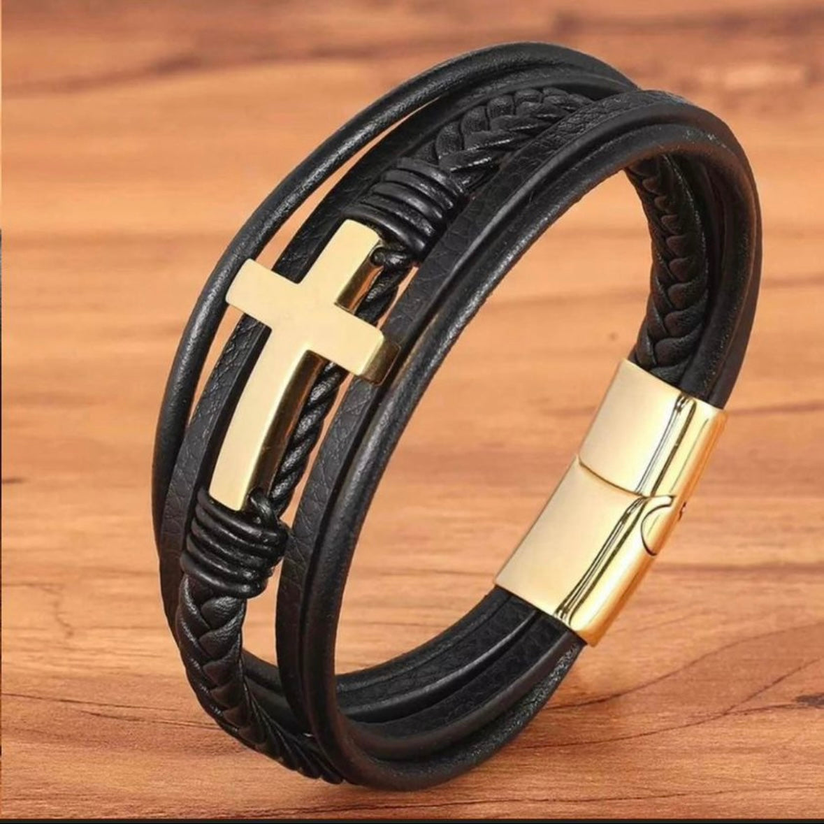 Black Leather with Cross Design Charm Bracelet Cuff Wristband