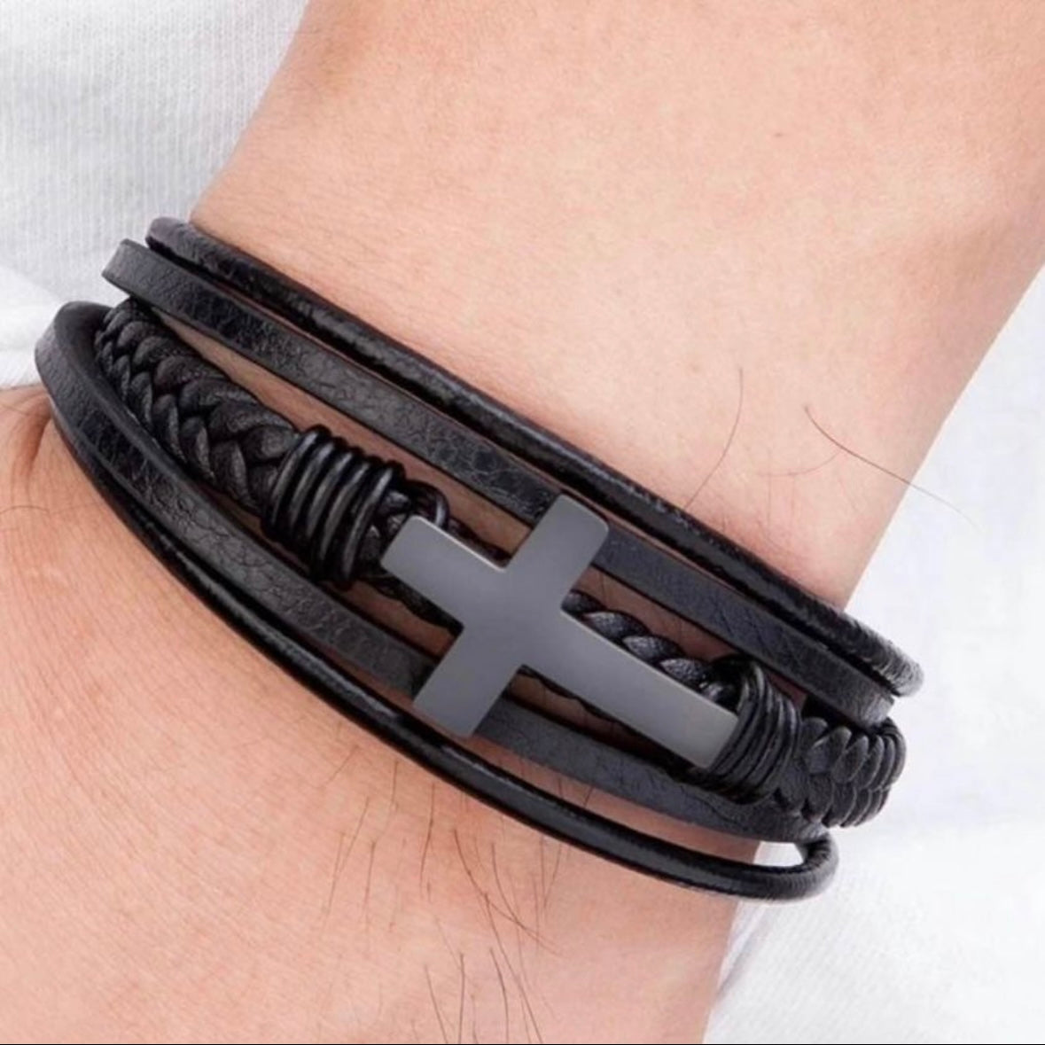 Black Leather with Cross Design Charm Bracelet Cuff Wristband