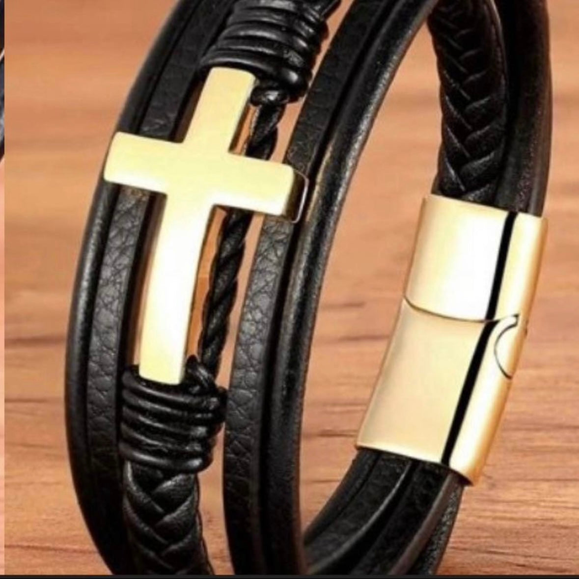 Black Leather with Cross Design Charm Bracelet Cuff Wristband