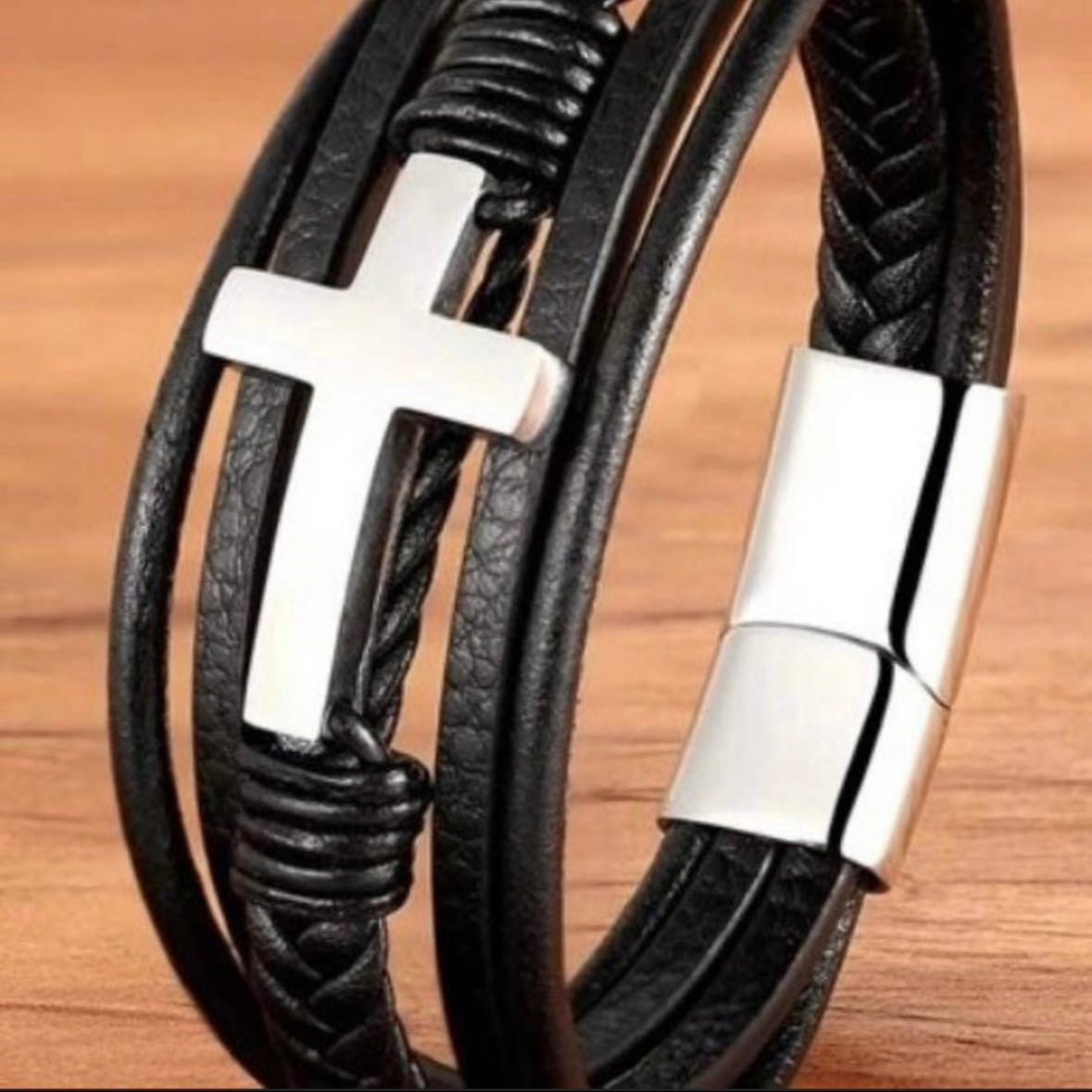 Black Leather with Cross Design Charm Bracelet Cuff Wristband