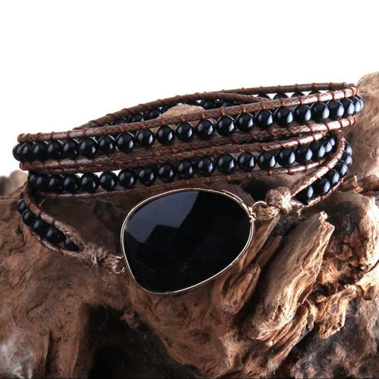 Black Onyx Natural Stone Charm Beaded Boho 3 Strands Wrap Bracelet