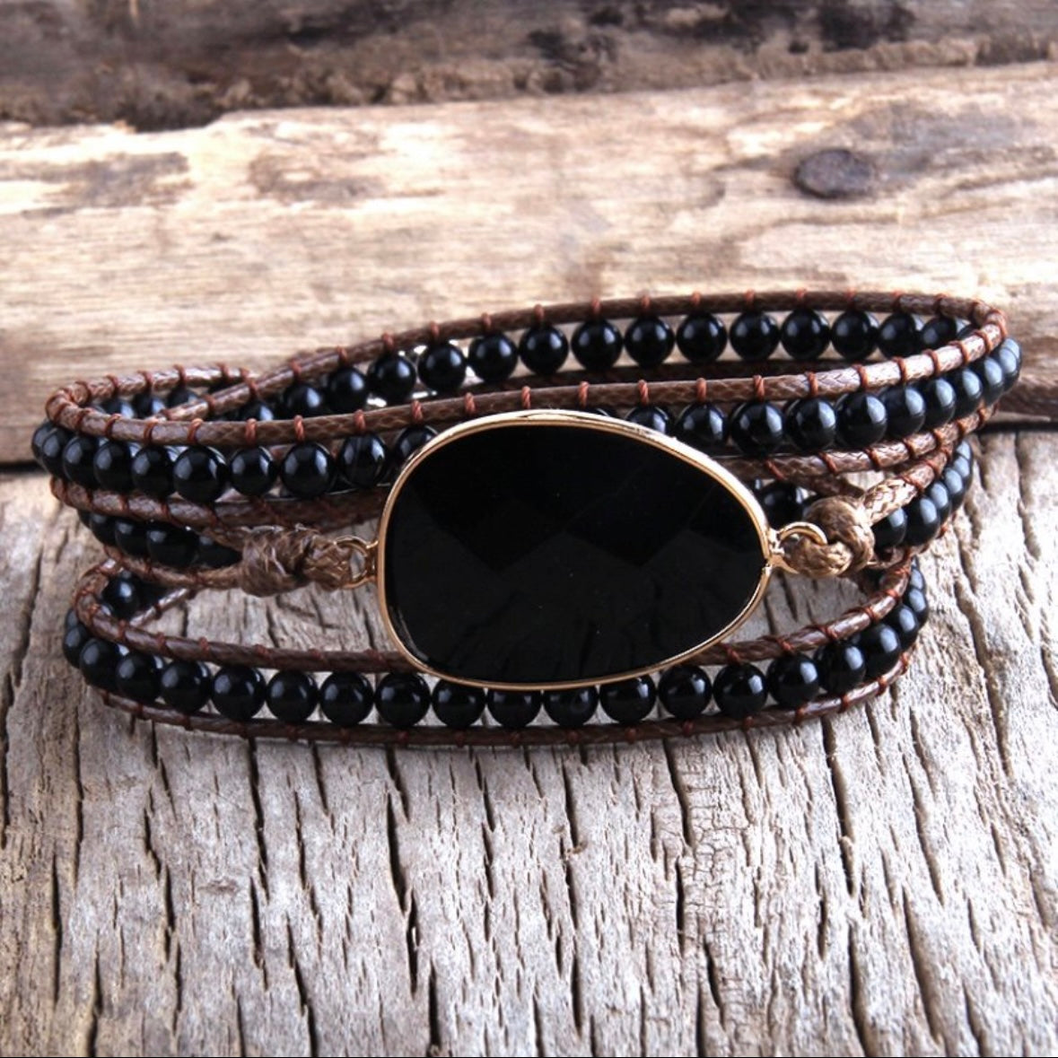 Black Onyx Natural Stone Charm Beaded Boho 3 Strands Wrap Bracelet