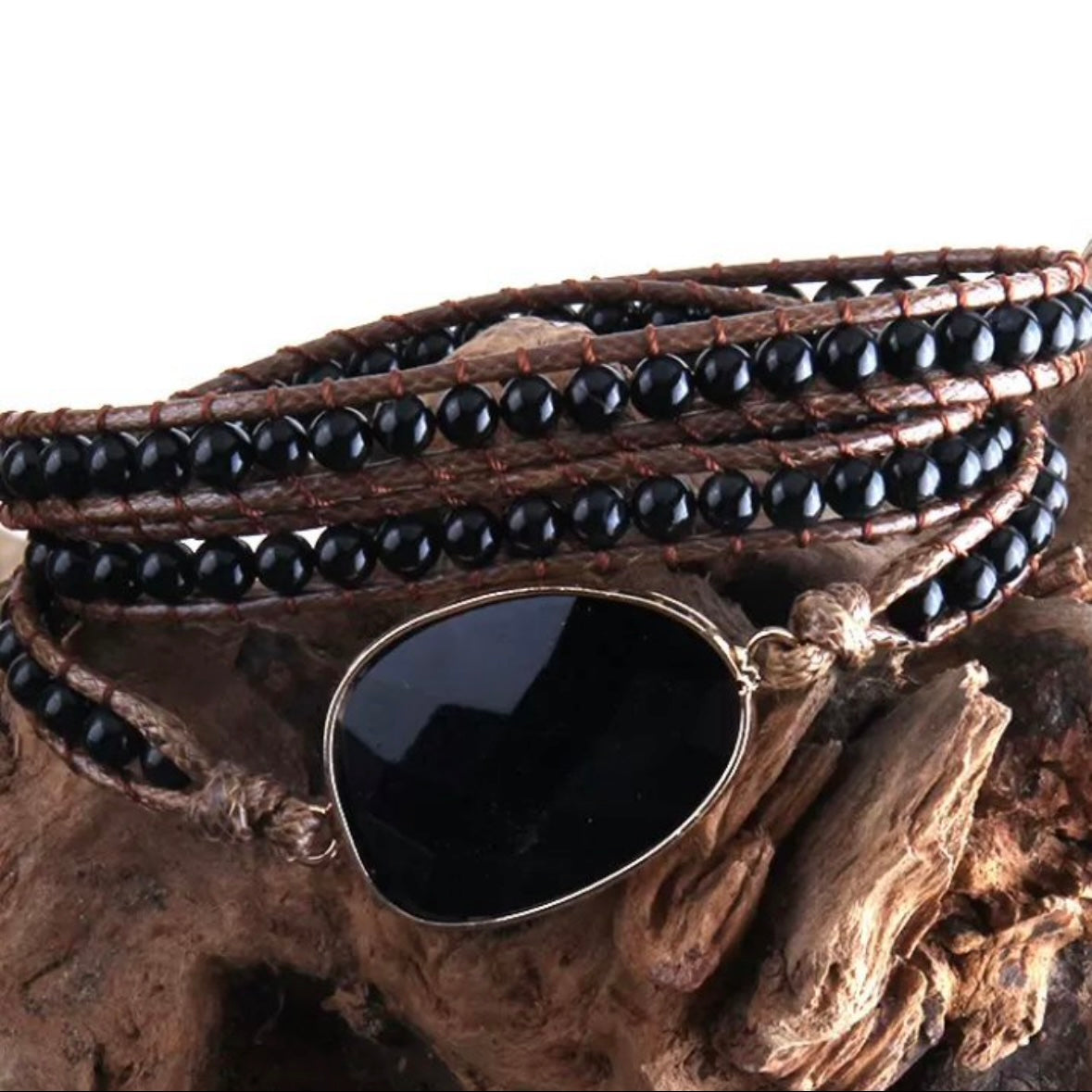 Black Onyx Natural Stone Charm Beaded Boho 3 Strands Wrap Bracelet