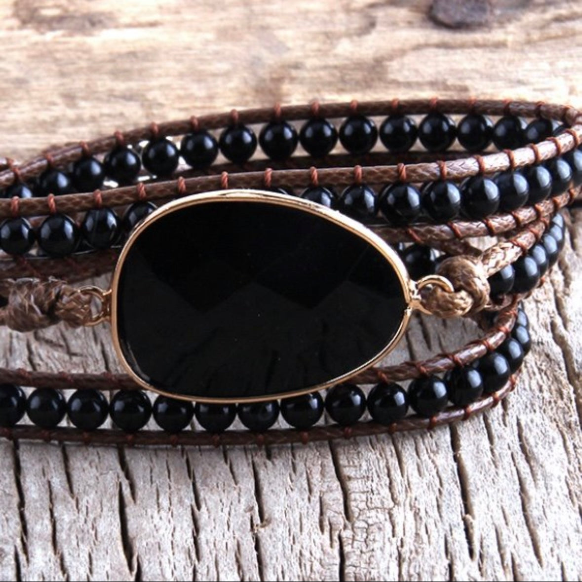 Black Onyx Natural Stone Charm Beaded Boho 3 Strands Wrap Bracelet