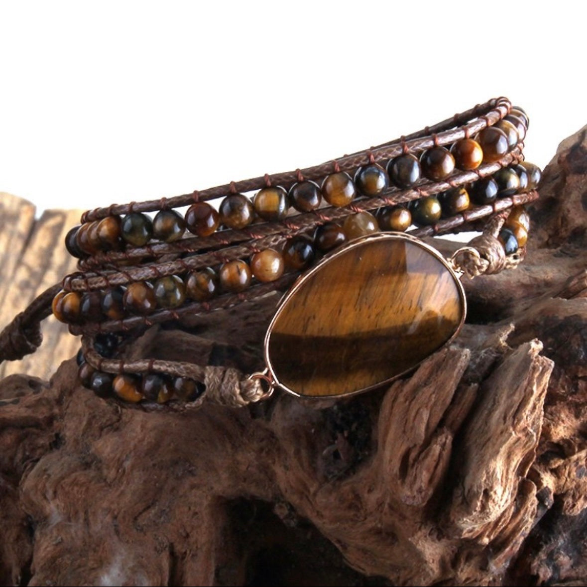 Tiger Eye Natural Stone Charm Beaded Boho 3 Strands Wrap Bracelet