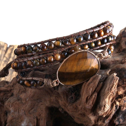 Tiger Eye Natural Stone Charm Beaded Boho 3 Strands Wrap Bracelet