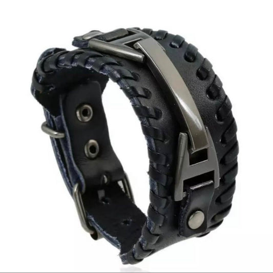 Punk Vintage Metal Leather Wrap Bracelet Cuff Wristband Available in Brown or Black Colours