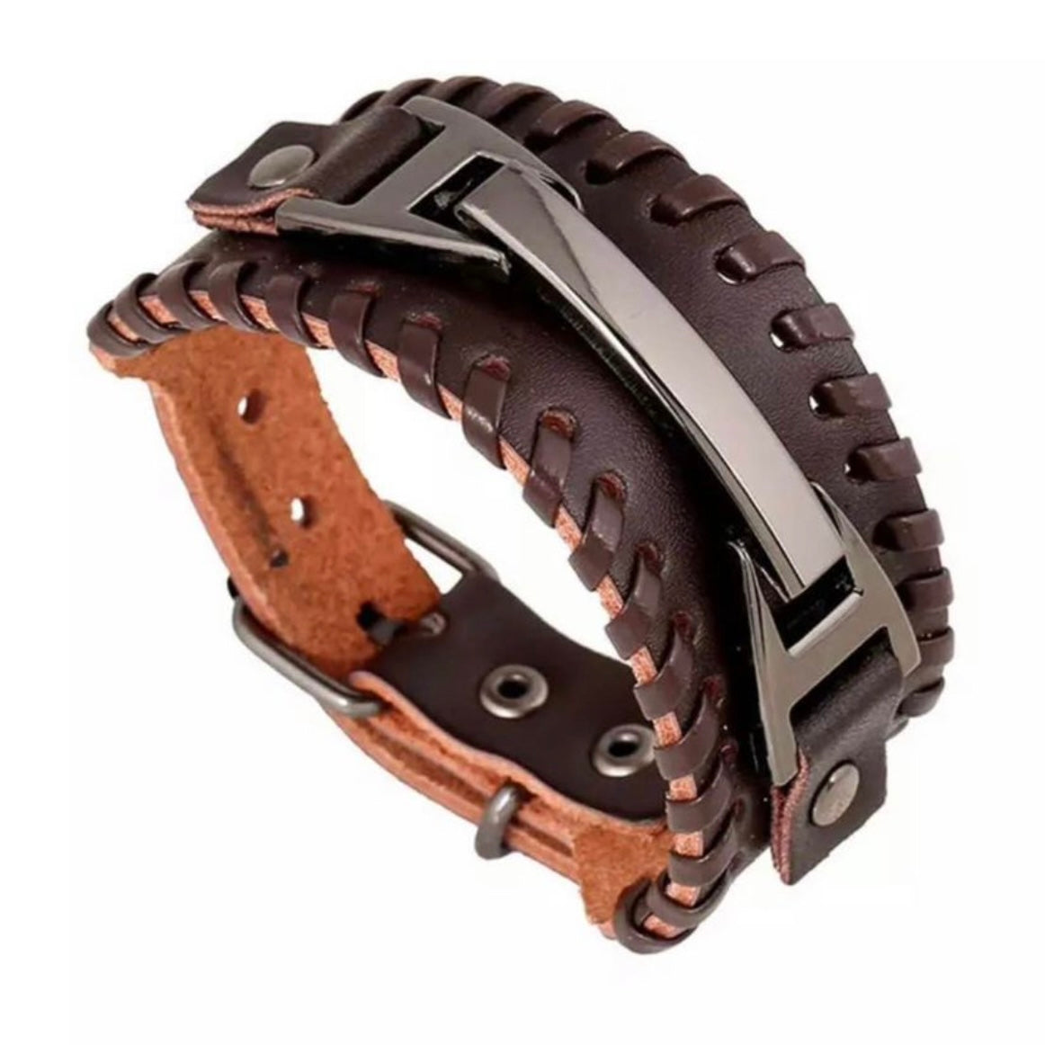 Punk Vintage Metal Leather Wrap Bracelet Cuff Wristband Available in Brown or Black Colours