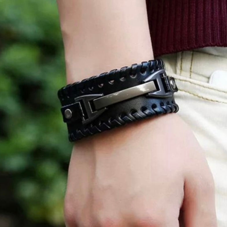 Punk Vintage Metal Leather Wrap Bracelet Cuff Wristband Available in Brown or Black Colours