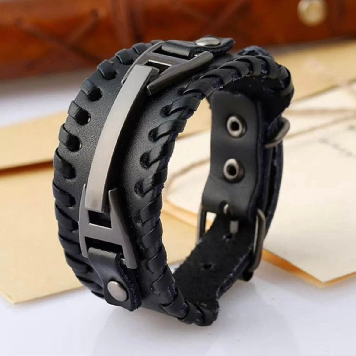 Punk Vintage Metal Leather Wrap Bracelet Cuff Wristband Available in Brown or Black Colours