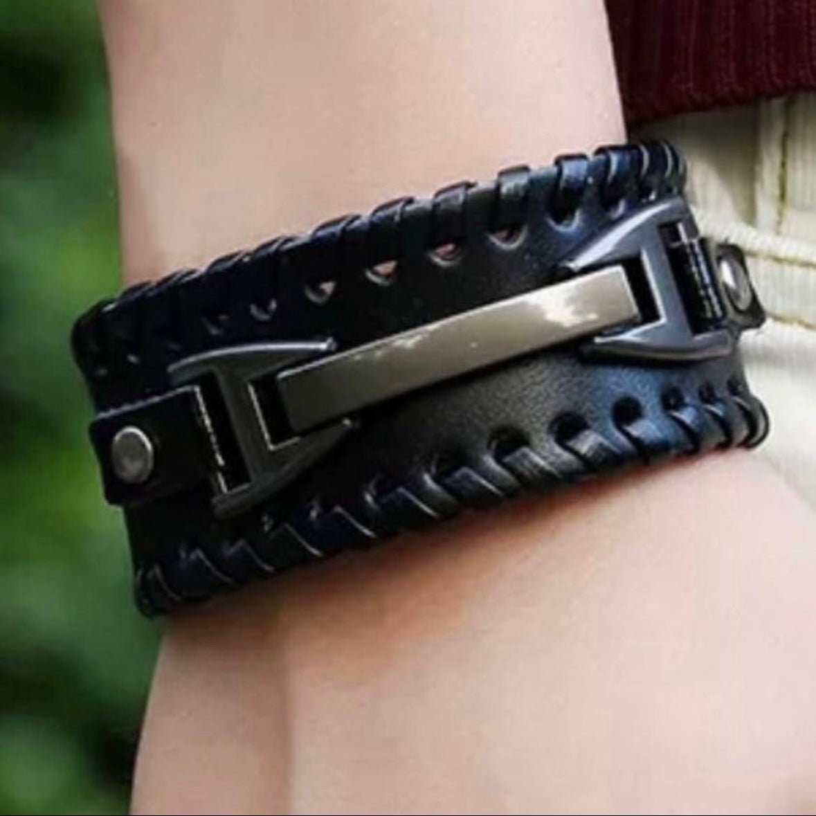 Punk Vintage Metal Leather Wrap Bracelet Cuff Wristband Available in Brown or Black Colours