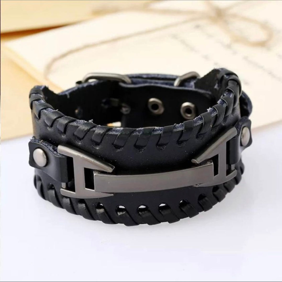 Punk Vintage Metal Leather Wrap Bracelet Cuff Wristband Available in Brown or Black Colours