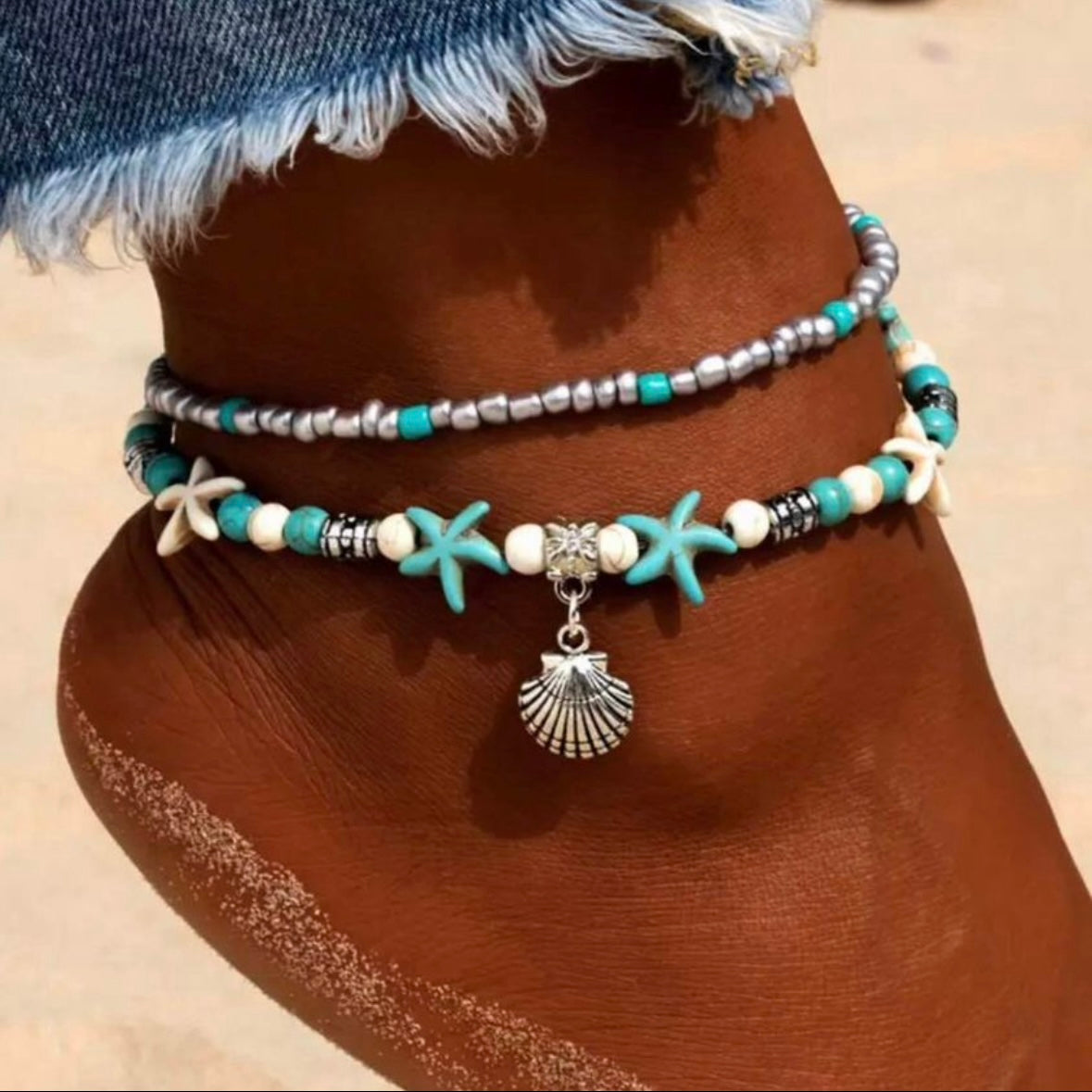 Vintage Handmade Beaded Starfish Anklet Bracelet with Shell or Turtle Charm