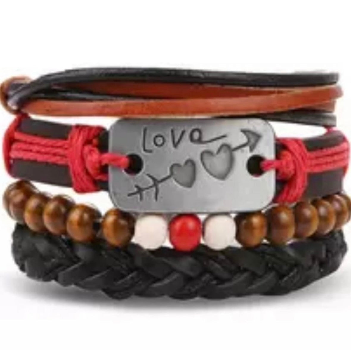 Multi-Layered Black Brown Leather and Bead Cuff Bracelet with Love Charm