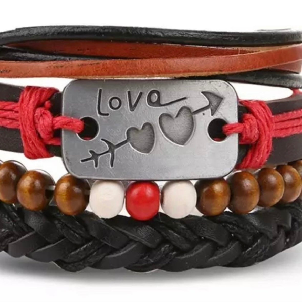 Multi-Layered Black Brown Leather and Bead Cuff Bracelet with Love Charm