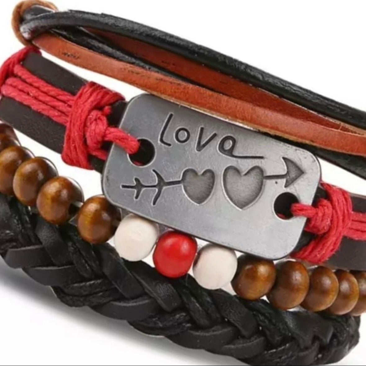 Multi-Layered Black Brown Leather and Bead Cuff Bracelet with Love Charm